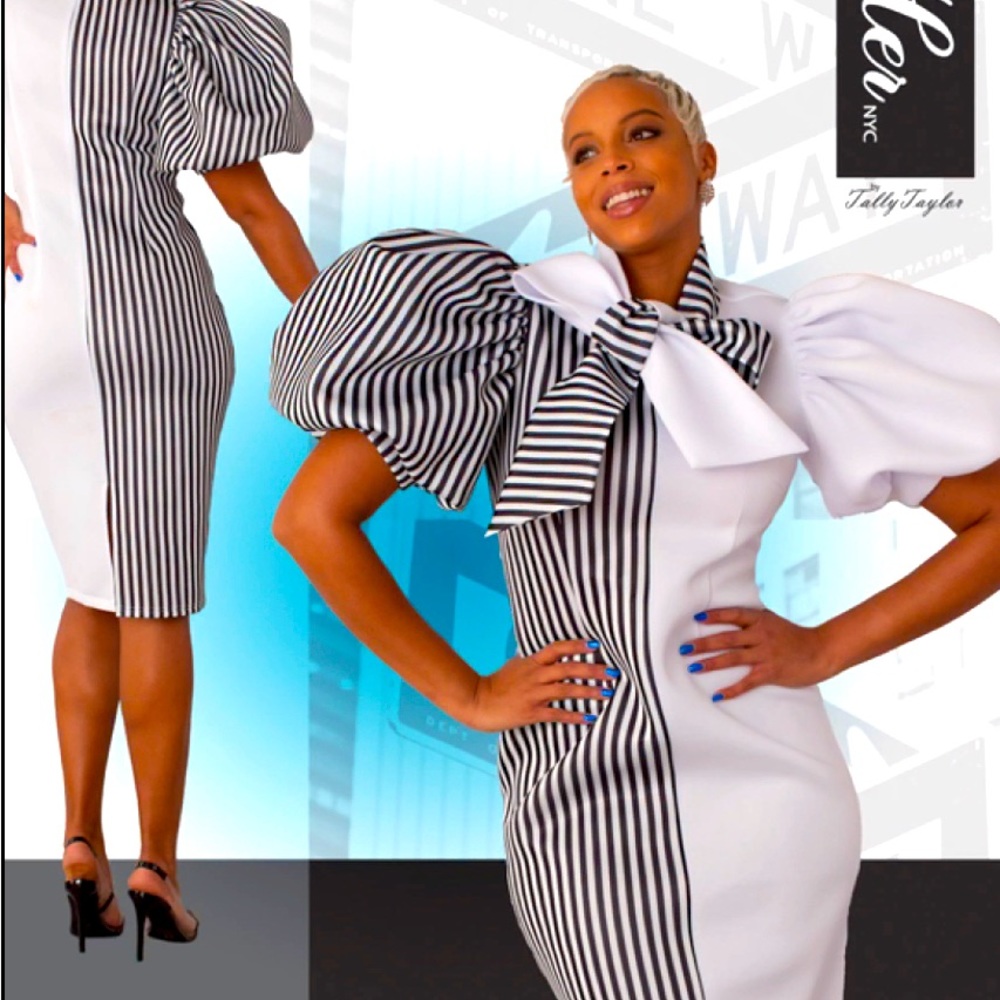 Beautiful black and white striped dress. Just classy all the way around.